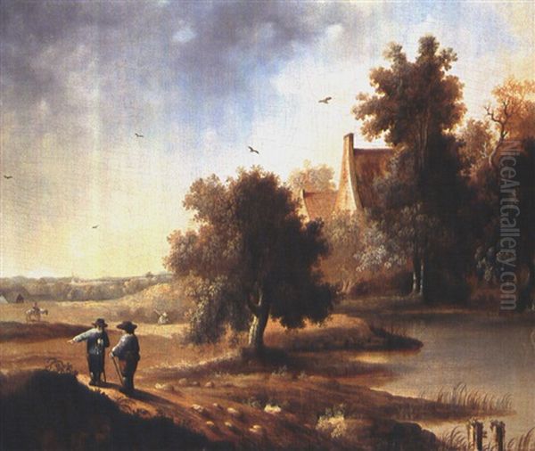 Landschaft Mit Hausern, Weiher Und Zwei Wanderern Oil Painting by  Schneiders van Greyffenswerth, Bonifacius Cornelis