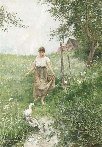 Ganseliesel Auf Einer Sommerwiese Hinter Dem Gehoft Oil Painting by Max Schneidt