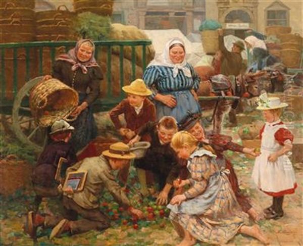 A Busy Market Oil Painting by Fritz Schnitzler