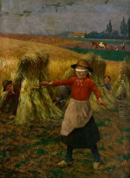 Kinder Beim Blindekuhspiel Zwischen Korngarben Mit Weiter, Spatsommerlicher Landschaft Oil Painting by Fritz Schnitzler