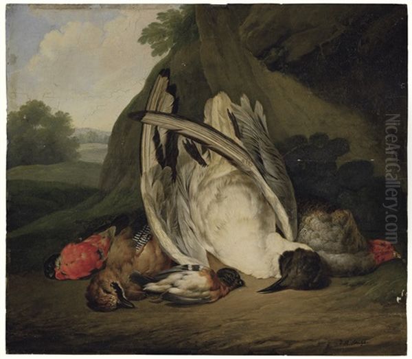 Still Life Of Assorted Dead Birds Including A Bullfinch, A Jay, A Black Headed Gull And A French Partridge Oil Painting by Michael Johann Schnitzler