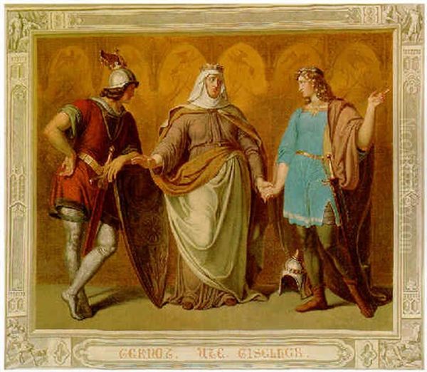 Drei Figuren Aus Der Nibelungensage Oil Painting by Hans Veit Freidrich Schnorr von Carolsfeld