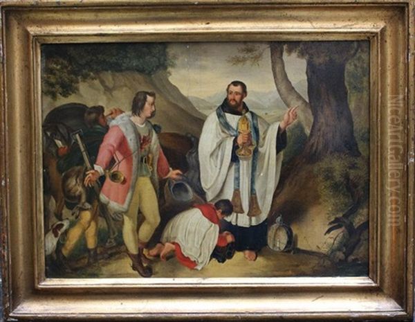 A Priest With His Scholar Pointing Some Hunters The Way In Landscape Oil Painting by Julius Schnorr Von Carolsfeld