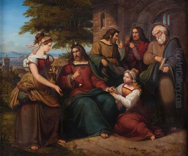 Jesus Mit Zwei Jungen Frauen, Wohl Martha Und Maria, Und Drei Aposteln In Landschaft Oil Painting by Julius Schnorr Von Carolsfeld