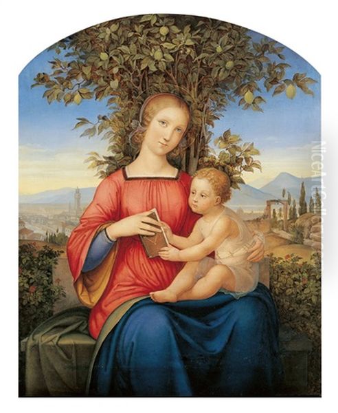 Madonna Mit Kind Auf Einer Gartenbank Sitzend Oil Painting by Julius Schnorr Von Carolsfeld