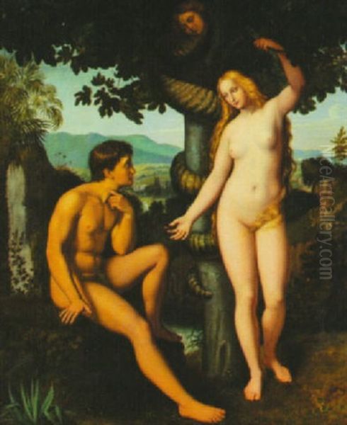 The Temptation Of Adam And Eve Oil Painting by Julius Schnorr Von Carolsfeld