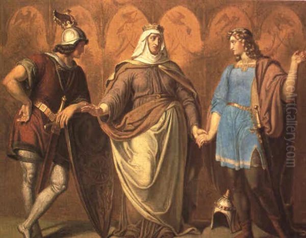 Drei Figuren Aus Der Nibelungensage: Gernot, Ute Und Giselher Oil Painting by Julius Schnorr Von Carolsfeld