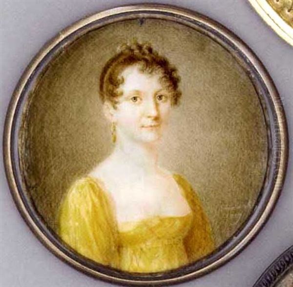 A Young Lady In Yellow Dress, Drop Gold Earring, Pearl Set Gold Comb In Her Upswept And Curling Brown Hair Oil Painting by Ludwig Ferdinand Schnorr von Carolsfeld