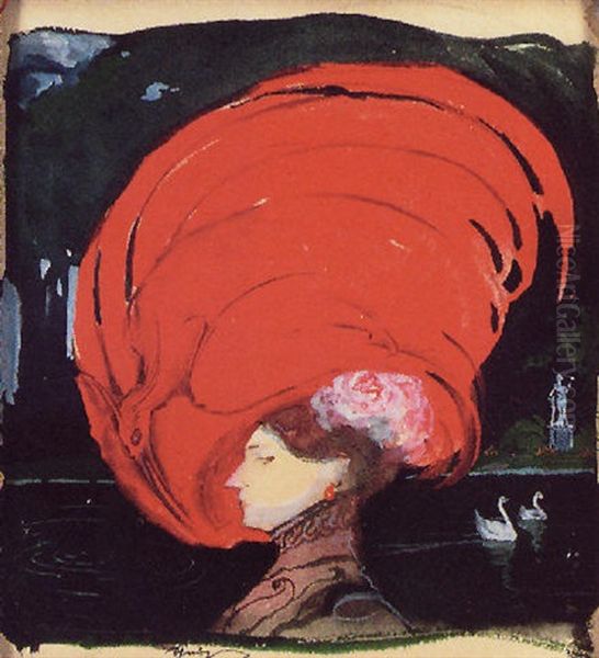 A Lady In A Large Red Hat Oil Painting by Leo Schnug