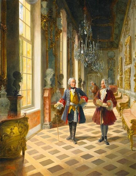 Friedrich Der Grose Im Gesprach Mit Voltaire In Den Raumen Von Schloss Sansoussi Oil Painting by Georg Schoebel