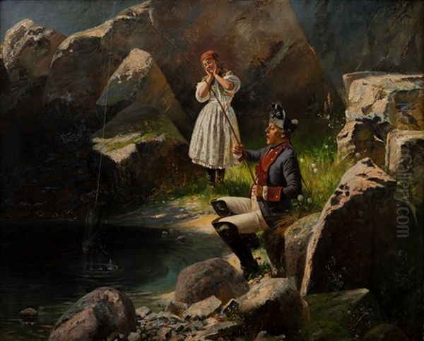 Surprising Catch Oil Painting by Georg Schoebel