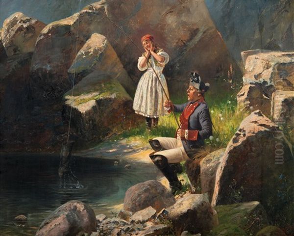 Suprising Catch Oil Painting by Georg Schoebel