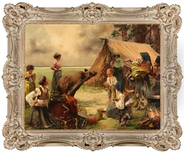 Bear In A Gypsy Camp Oil Painting by Georg Schoebel