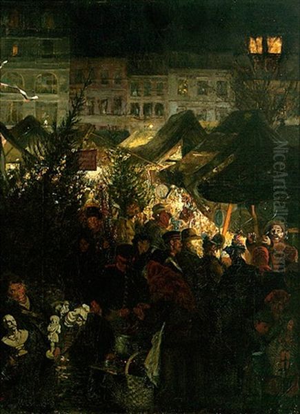 Berliner Weihnachtsmarkt, Blick In Die Budenreihe Oil Painting by Georg Schoebel