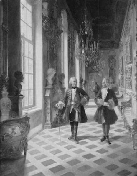 Friedrich Ii Im Gesprach Mit Voltaire, In Einer Seitengalerie Des Schlosses Sanssouci Wandelnd, Ein Diener Im Hintergrund Oil Painting by Georg Schoebel