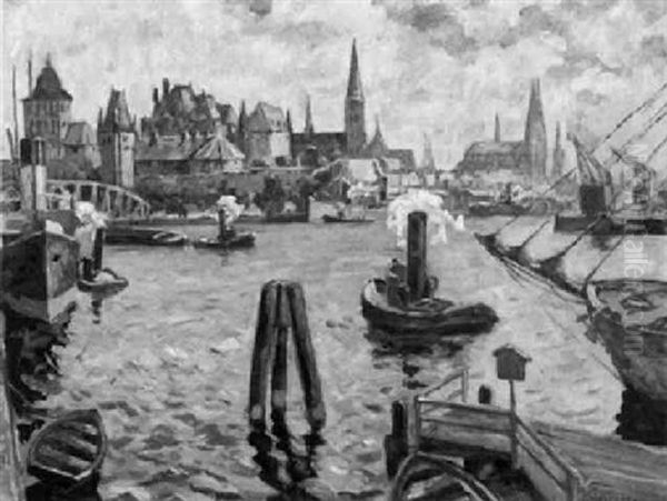 Blick Uber Den Hafen Auf Lubeck Oil Painting by Wilhelm Schodde