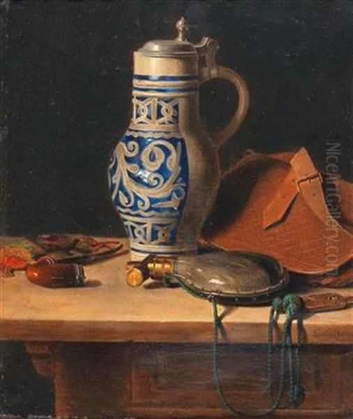 Still Life With Pitcher And Powder Flask Oil Painting by Max Schoedl