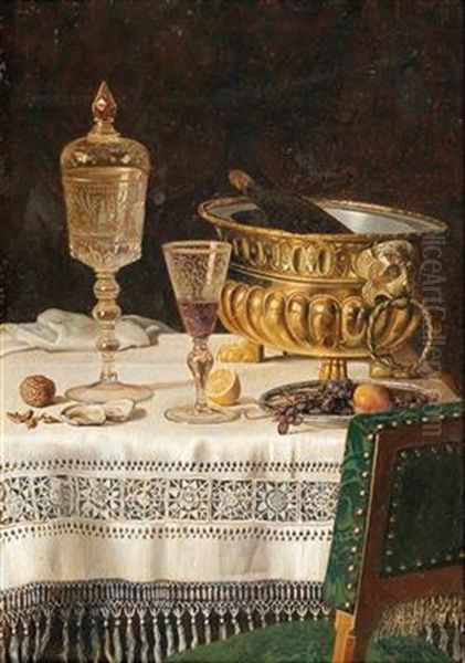 Still Life With Glas Cup And Champagne Cooler Oil Painting by Max Schoedl