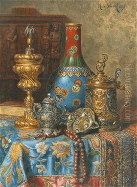 Still Life With Antiques And A Chinese Cloisonne Vase Oil Painting by Max Schoedl