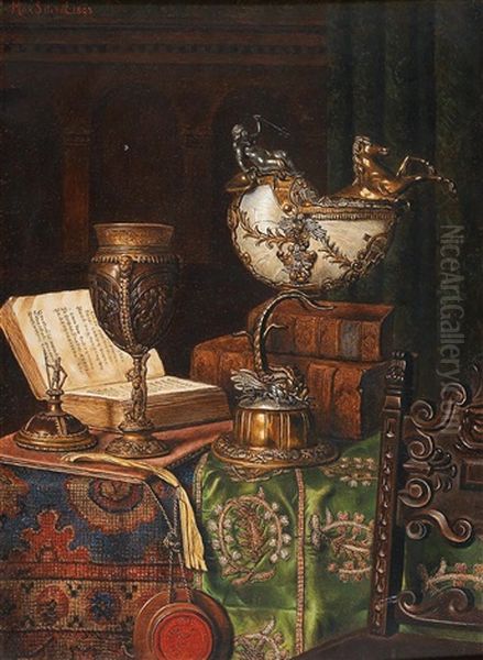 Still Life With Nautilus Goblet And Books Oil Painting by Max Schoedl