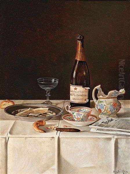 Stillleben Mit Champagner Und Tageszeitung by Max Schoedl