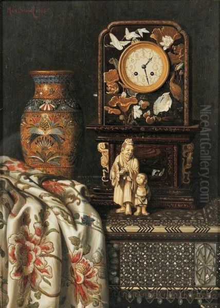 Still Life With Clock, Vase, And Ivory Figures Oil Painting by Max Schoedl