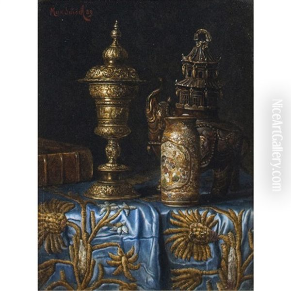 A Still Life Of Objects On A Tabletop Oil Painting by Max Schoedl