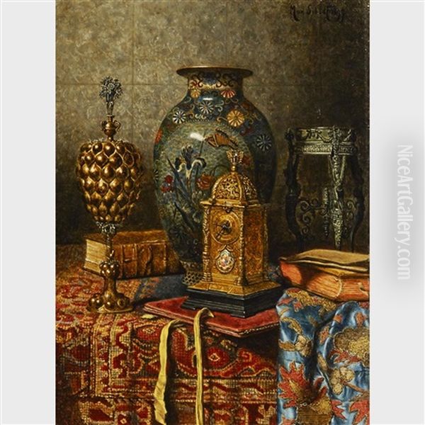 Still Life With Cloisonne Vase, Clock And Pokal; Still Life With Satsuma And Cloisonne Vases (2 Works) Oil Painting by Max Schoedl