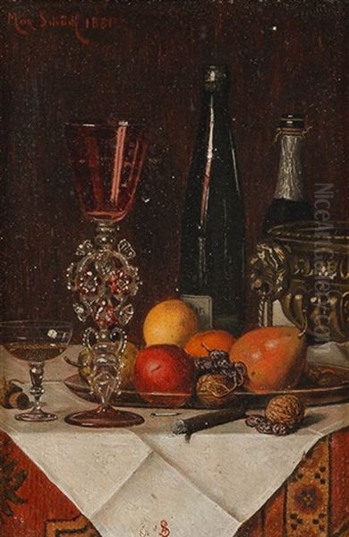 Stillleben Mit Prunkkelch, Silberschale, Champagner Und Obst Sowie Monogrammierter Tischdecke As Oil Painting by Max Schoedl