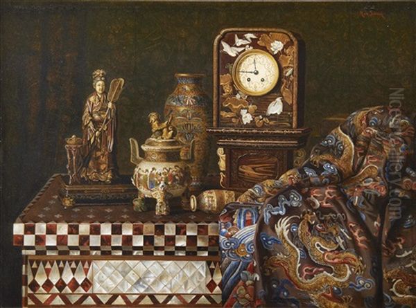 Still Life With Japanese Works Of Art Oil Painting by Max Schoedl