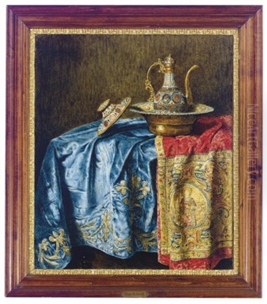 Still Life Of A Decorative Ewer And Basin On Textiles Oil Painting by Max Schoedl