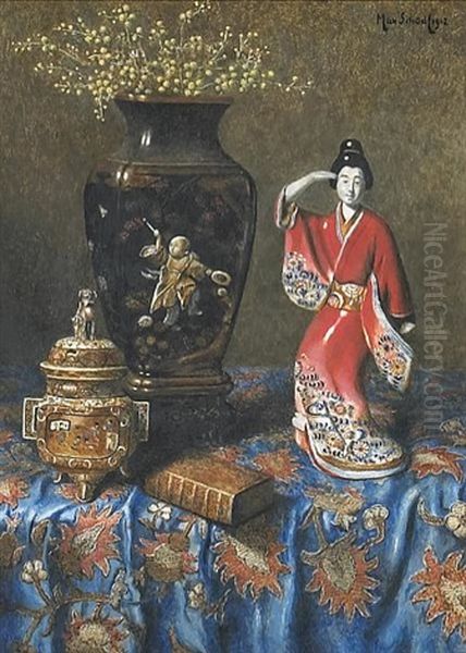 A Still Life With A Japanese Censer, Vase And Figurine Oil Painting by Max Schoedl