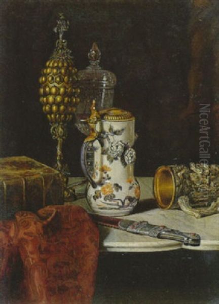 Stillleben Mit Altem Folianten, Fayencekrug, Traubenpokal, Glaspokal Sowie Humpen Und Messer Oil Painting by Max Schoedl