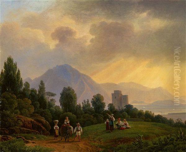 North Italian Landscape With Peasants Returning Home And Figures At Rest Oil Painting by Johann Nepomuk Schoedlberger