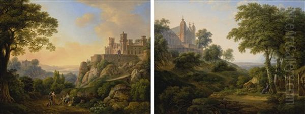 An Arcadian Landscape With A Gothic Church; An Arcadian Landscape With A Gothic Fortress: A Pair Oil Painting by Johann Nepomuk Schoedlberger