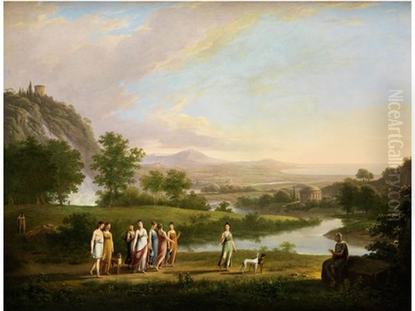 Arkadische Ideallandschaft Mit Mythologischen Gestalten Sowie Dem Dichter Homer Oil Painting by Johann Nepomuk Schoedlberger