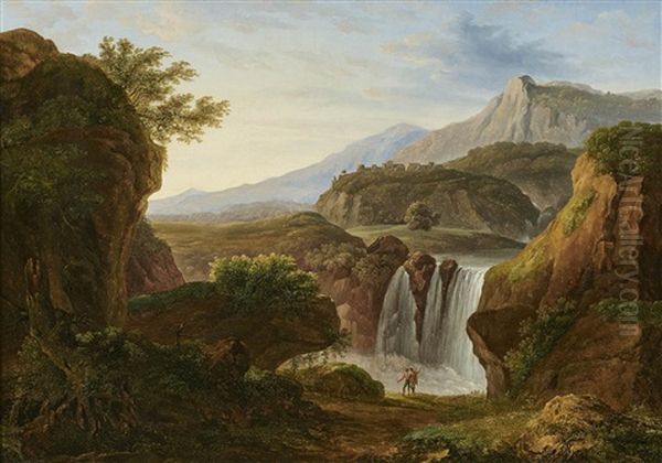 Italian Landcape With Waterfall And Staffage Oil Painting by Johann Nepomuk Schoedlberger