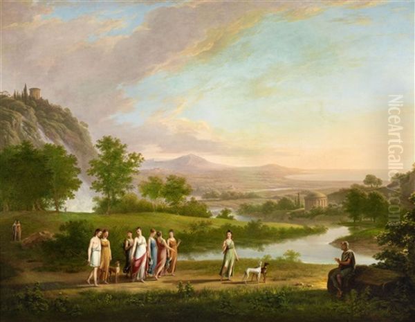 Landscape With Diana, Atalanta And Meleager Oil Painting by Johann Nepomuk Schoedlberger