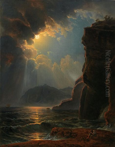 Rocky Coast In The Moonlight Oil Painting by Johann Nepomuk Schoedlberger