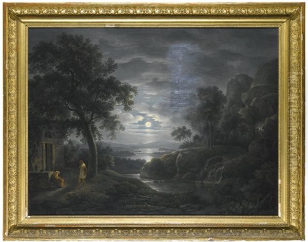 A Moonlit Arcadian Landscape Oil Painting by Johann Nepomuk Schoedlberger