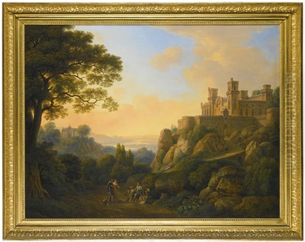 An Arcadian Landscape With A Fortress On A Hill And An Arcadian Landscape With A Church On A Hill (pair) Oil Painting by Johann Nepomuk Schoedlberger