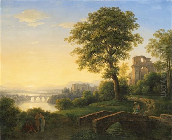 Arkadische Landschaft Mit Schloss, Ruine Und Brucken (+ Arkadische Landschaft Mit Aufziehendem Gewitter; 2 Works) Oil Painting by Johann Nepomuk Schoedlberger