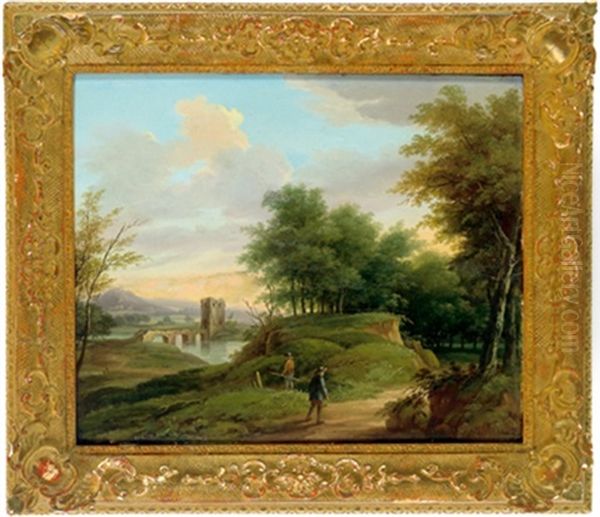 Bewaldete Flusslandschaft Mit Einer Bogenbrucke Und Turm Sowie Figuren Oil Painting by Johann Nepomuk Schoedlberger