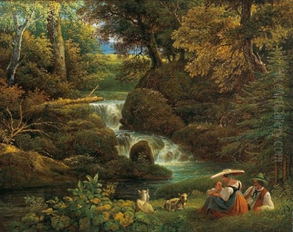 Rast An Idyllischer Bachlandschaft Oil Painting by Johann Nepomuk Schoedlberger