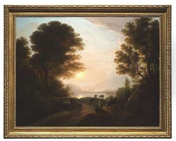 Abendliche Stimmung Am See. Ideallandschaft Mit Ruhenden Hirten Und Ihrer Herde Oil Painting by Johann Nepomuk Schoedlberger