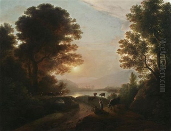 Abendstimmung Am See Oil Painting by Johann Nepomuk Schoedlberger