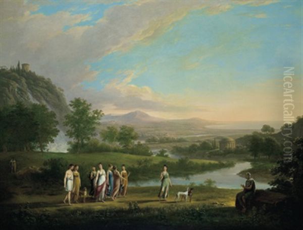 Arkadische Landschaft Mit Der Begegnung Von Meleager, Atalante Und Der Jagdgottin Im Beisein Homers Oil Painting by Johann Nepomuk Schoedlberger