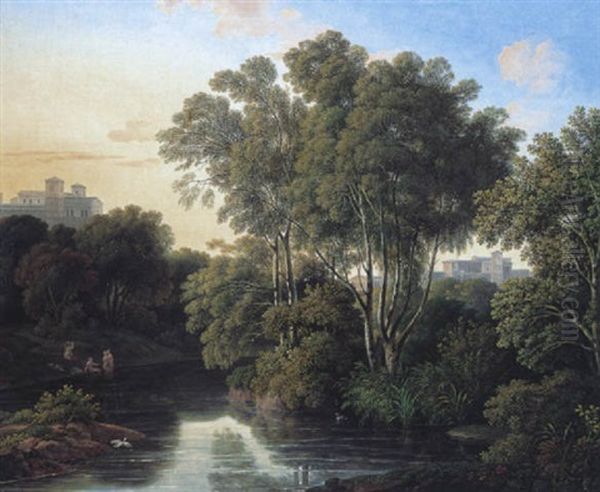 Idyllische Parklandschaft Mit Klassizistischen Bauten Und Badenden Oil Painting by Johann Nepomuk Schoedlberger