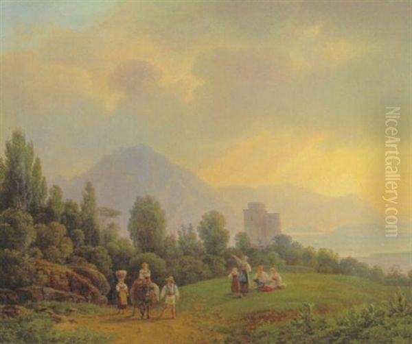 Campagnalandschaft Im Abendlicht Mit Rastendne Bauern Oil Painting by Johann Nepomuk Schoedlberger