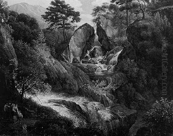 Wandersleute An Einem Wasserfall Oil Painting by Johann Nepomuk Schoedlberger